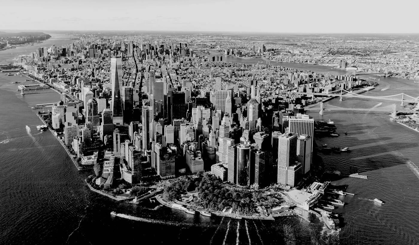 Aerial photo of Manhattan island from Battery Park in black and white