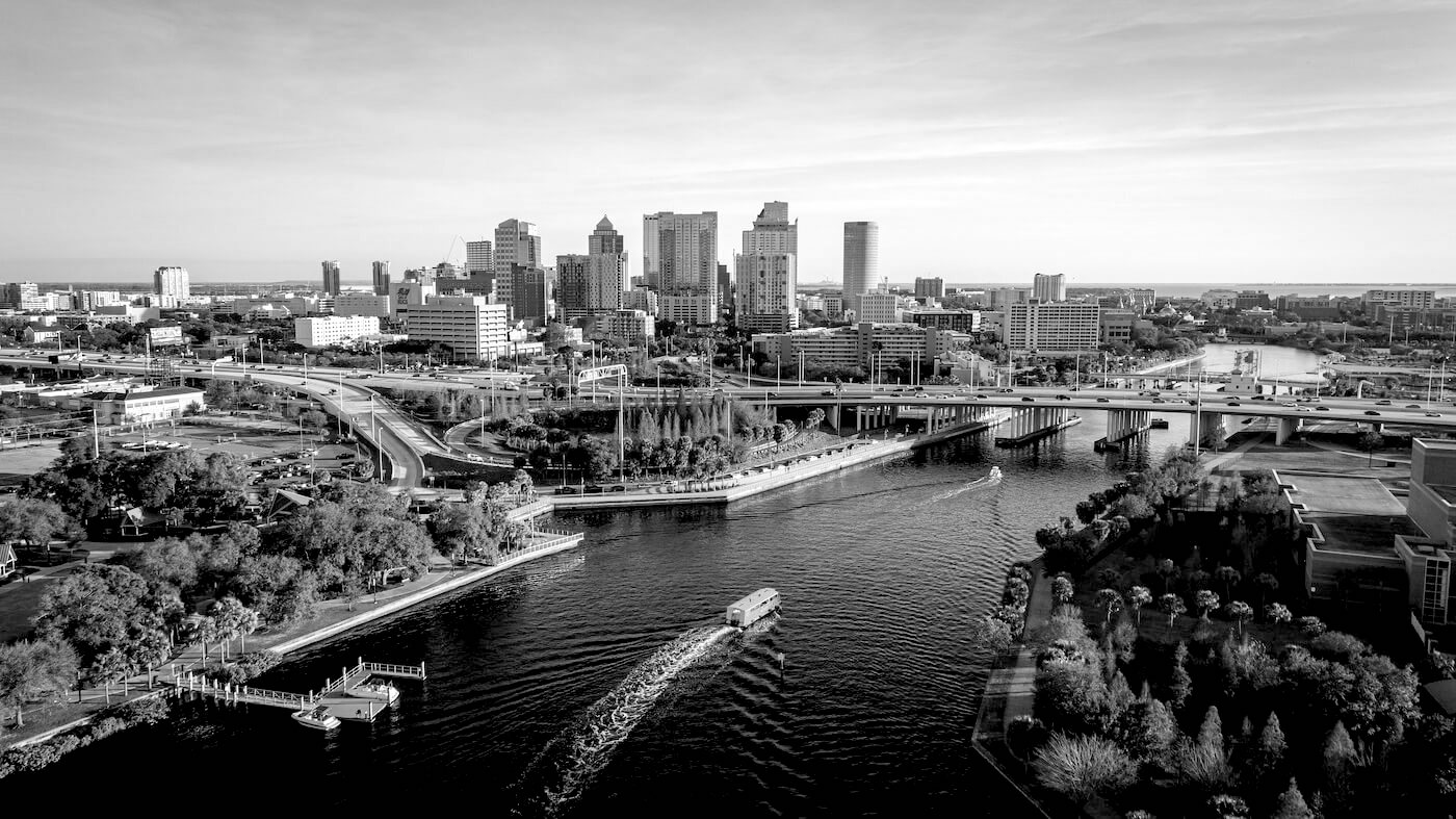 Photo of downtown Tampa skyline and river in black and white